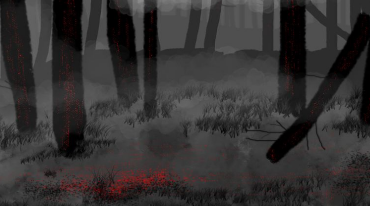 Black and grey image of tree trunks