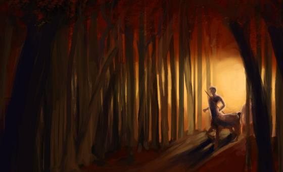 A centaur emerging from a forest