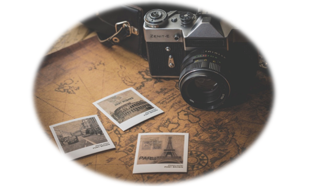 The image shows an old-fashioned camera resting on a faded map. There are three photos in sepia print next to the camera