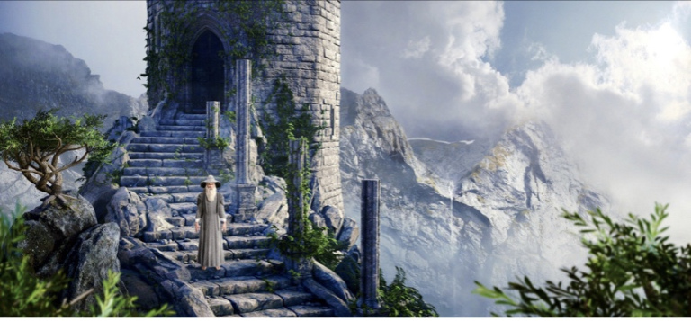 The image shows an old bearded man standing on a stone staircase that is leading to a tower. In the background you can see mountains enshrouded in clouds.