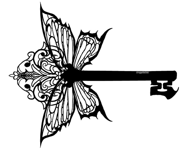 A black and white drawing of a large ornate key with a butterfly motif.