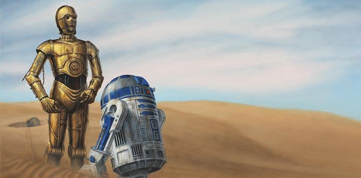 R2D2 and C3P0 on a barren planet's surface