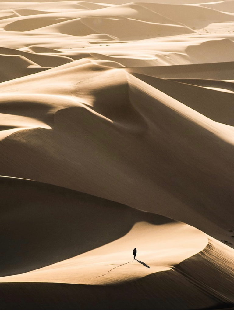 For visually challenged reader, the image shows a person walking in a desert, dwarfed by huge sand dunes. A long line of their footsteps can be seen behind them