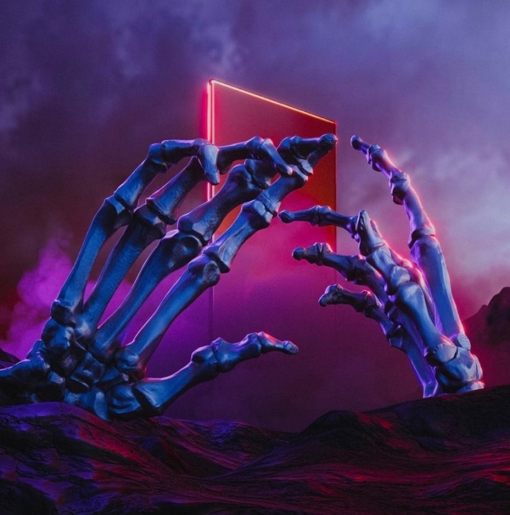 The image shows two skeleton’s hands reaching towards a digital device enveloped in purple-pink haze.