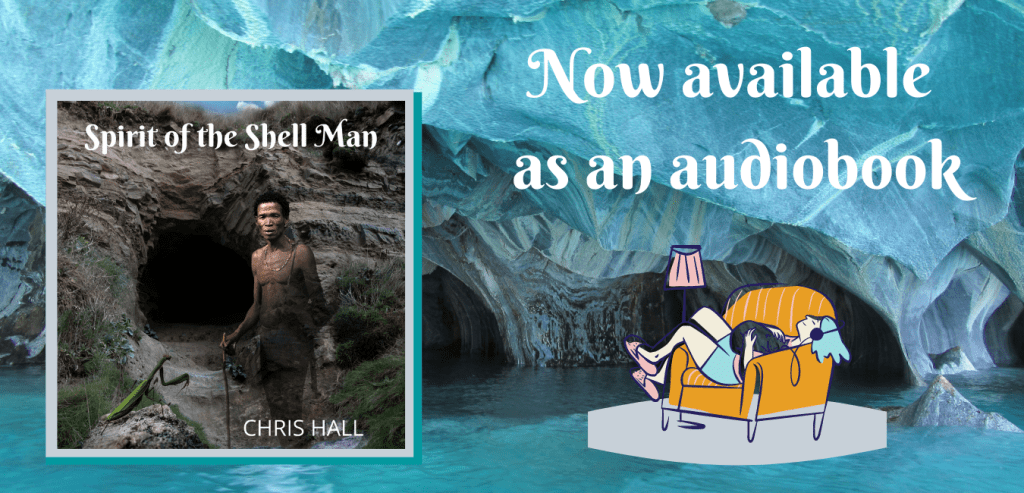 Spirit of the Shell Man cover and a pic of a women listening to an audiobook with a cat on her lap and a smile on her face.